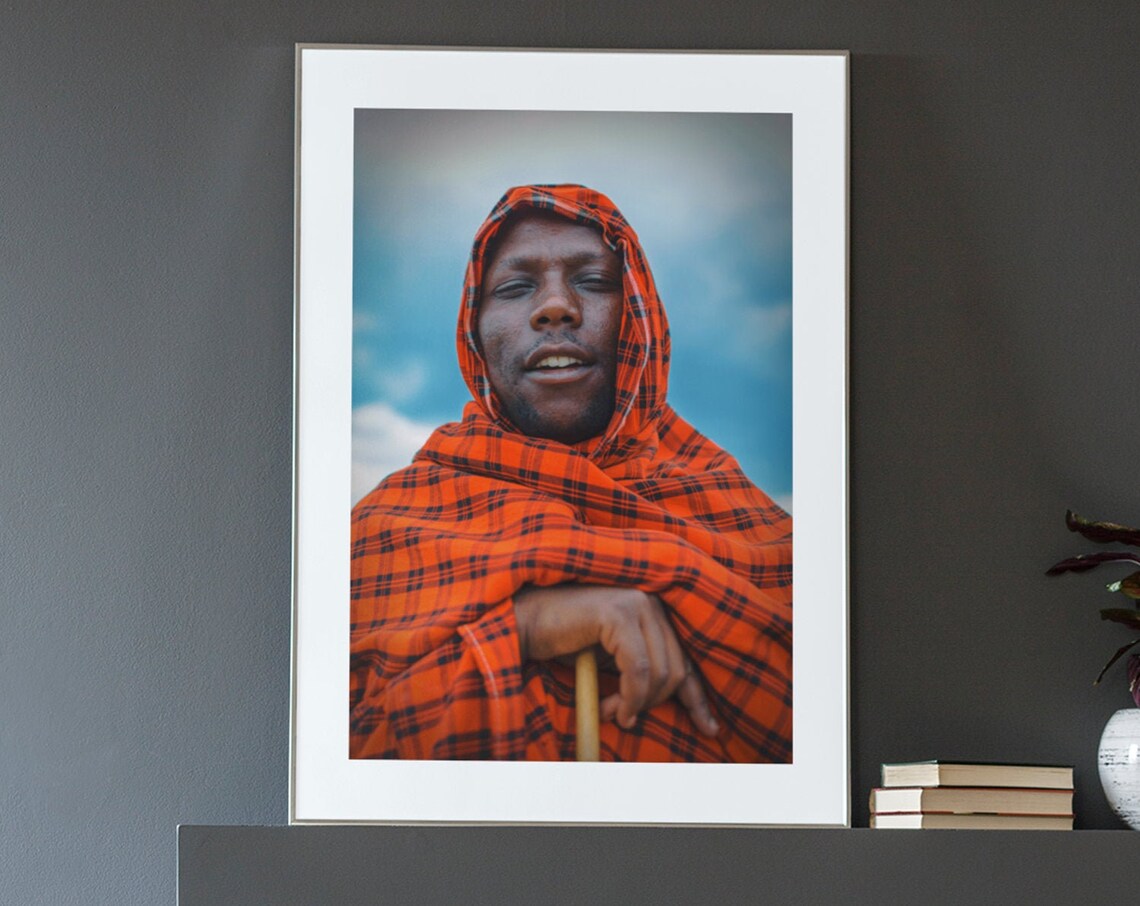Maasai Warrior Red Shuka Portrait Blue Sky Photography Poster - Image 4