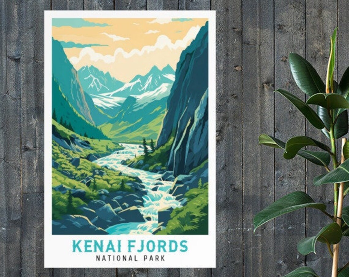Kenai Fjords National Park Glacial Valley Waterfalls Vintage Travel Poster