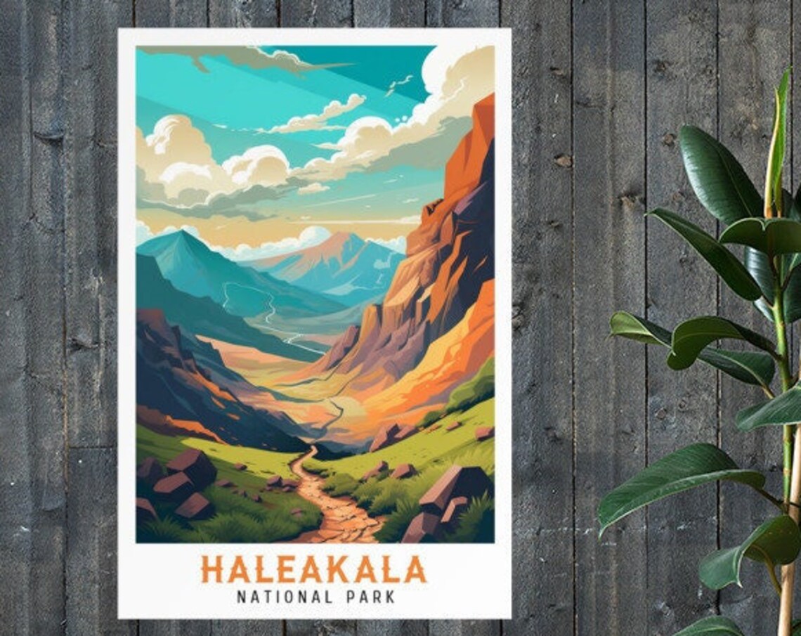 Haleakala National Park Volcanic Crater Landscape Vintage Travel Poster