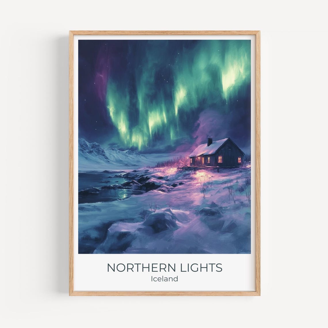 Northern Lights Iceland Aurora Borealis Cabin Winter Art Poster