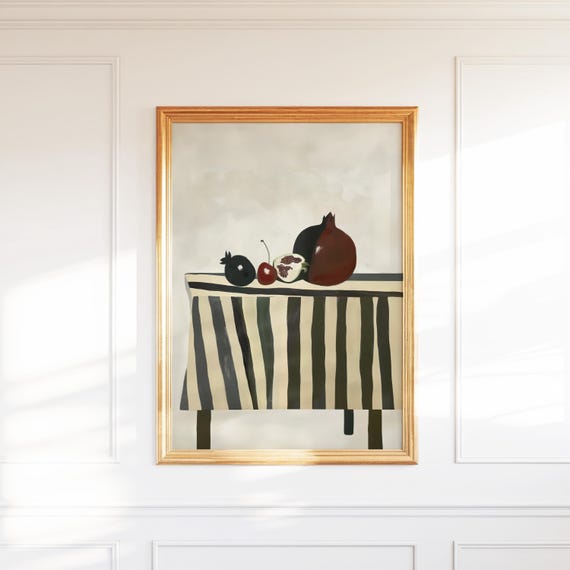 Pomegranate Cherry Strip Table Still Life Art Print Modern Kitchen Wall Fruit Spirit Decor For Dining Room