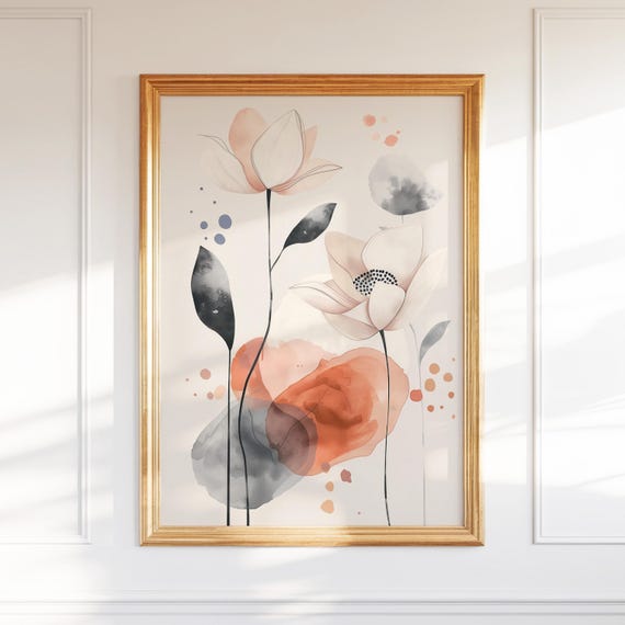 Neutral Abstract Floral Wall Art Minimalist Modern Botanical Print Scandinavian Watercolor Flower Poster Boho