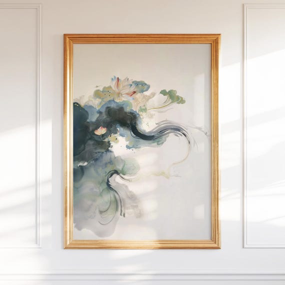 Asian Ink Style Wall Art Elegant Flower Print Zen Watercolor Poster For Minimalist Oriental Decor