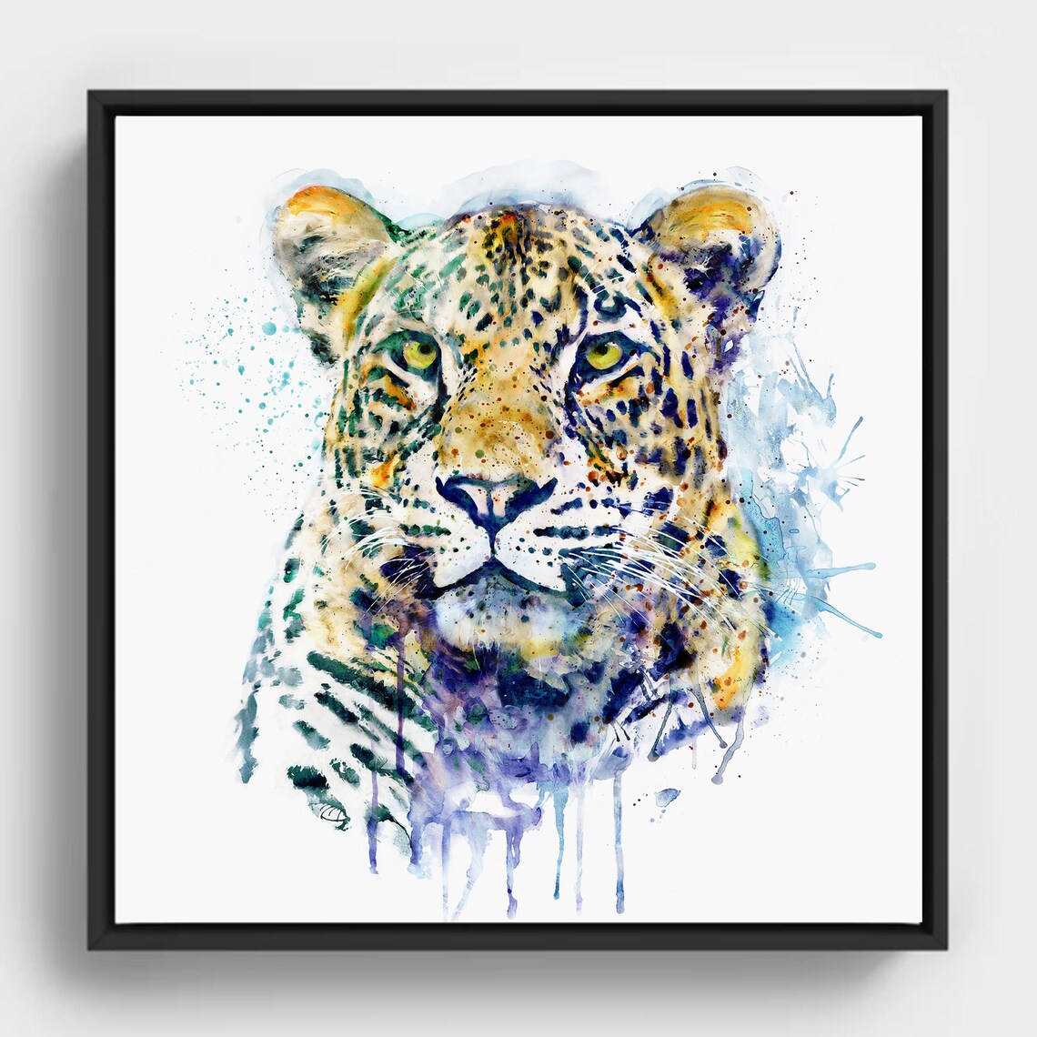 Leopard Big Cat Face Watercolor Splash Bold Wildlife Portrait Poster