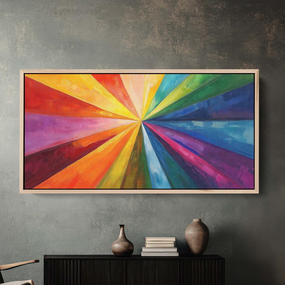 Rainbow Sunburst Color Wheel Painted Rays Maximalist Art Poster