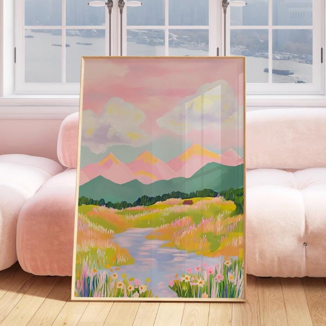 Colorful Pastel Mountain Valley Wildflower Meadow Stream Wall Art