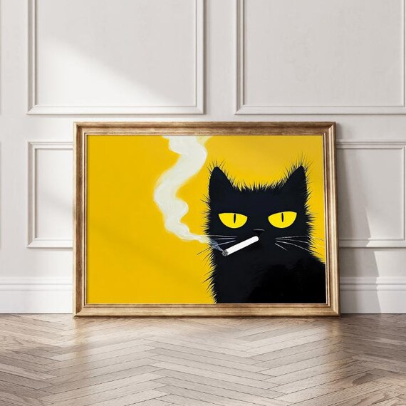 Smoking Black Cat on a Yellow Background Funny Vintage Kitsch Poster