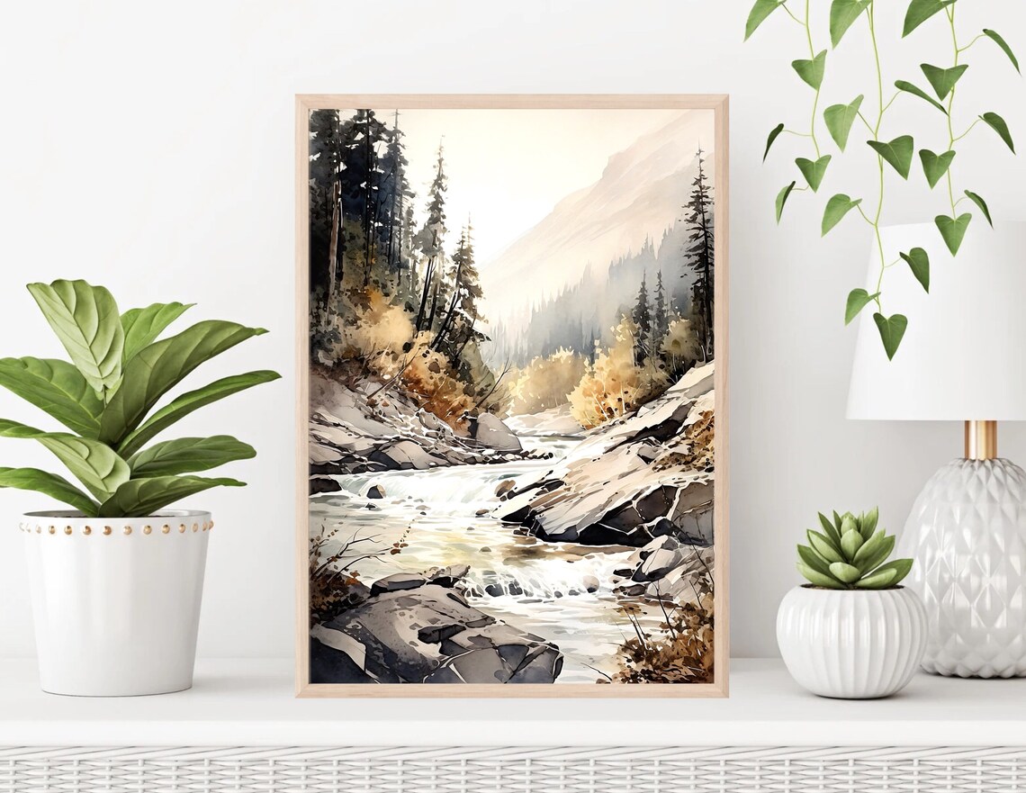 Autumn Mountain River Rocky Banks Watercolor Nature Art Poster - Image 2