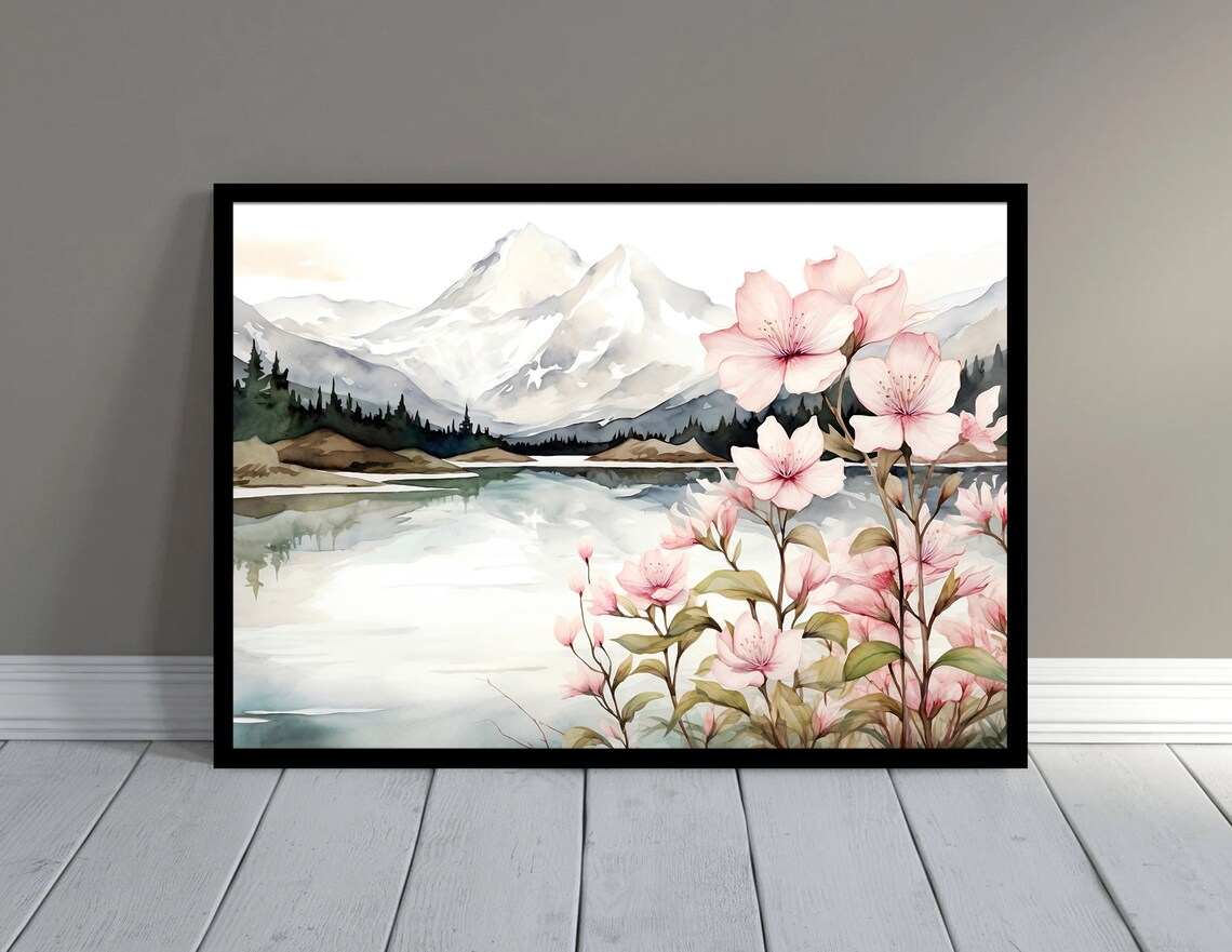 Snowcapped Mountain Lake Pink Blossom Branches Watercolor Poster - Image 3