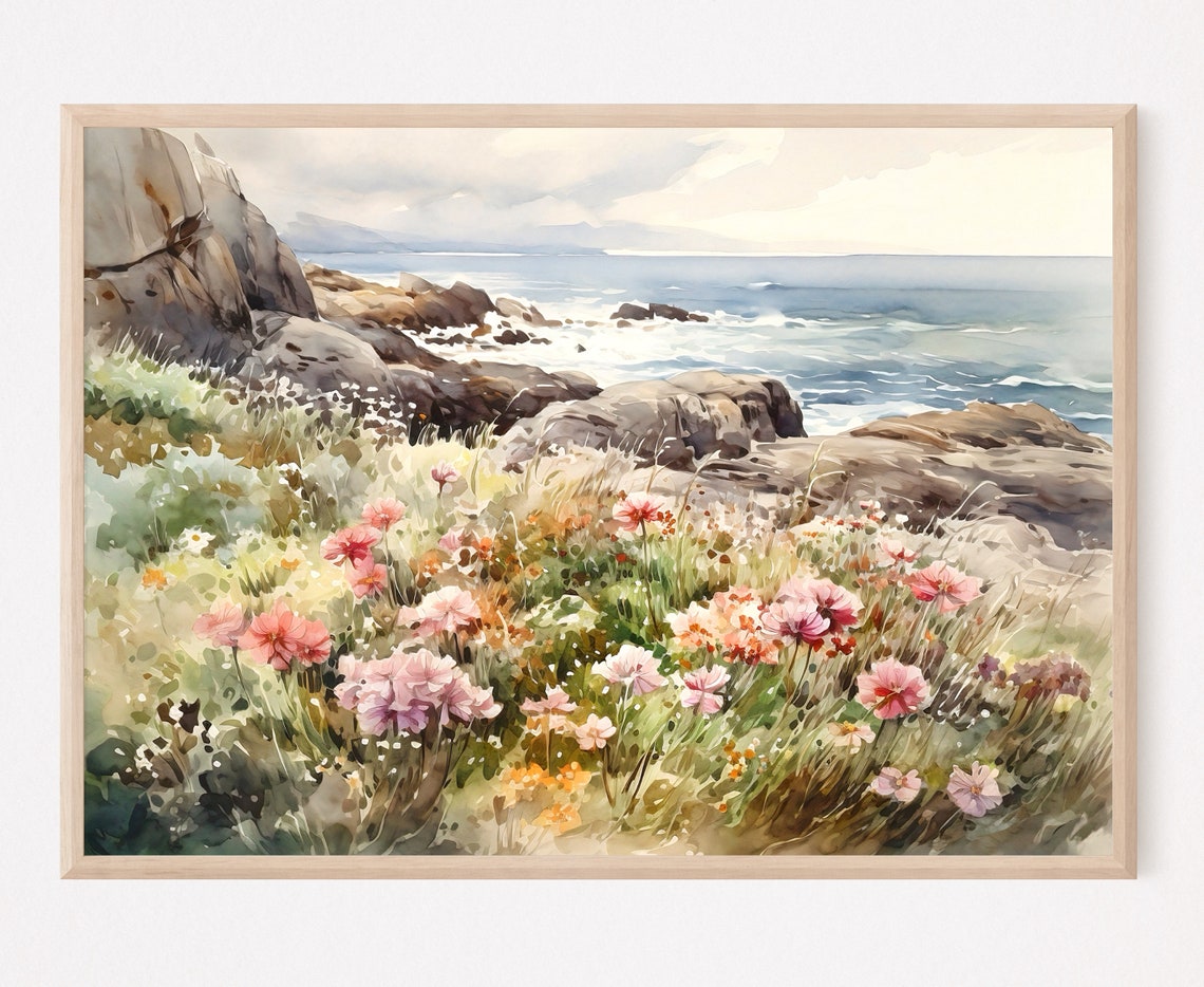 Pink Wildflowers Blooming Over Rocky Sea Cliff Watercolor Poster