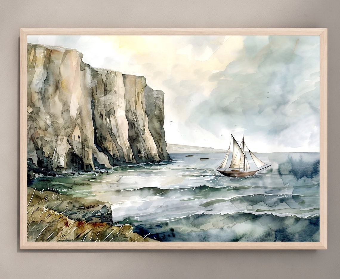 Sailboat Sailing Past Tall Pale Cliffs Watercolor Nautical Poster
