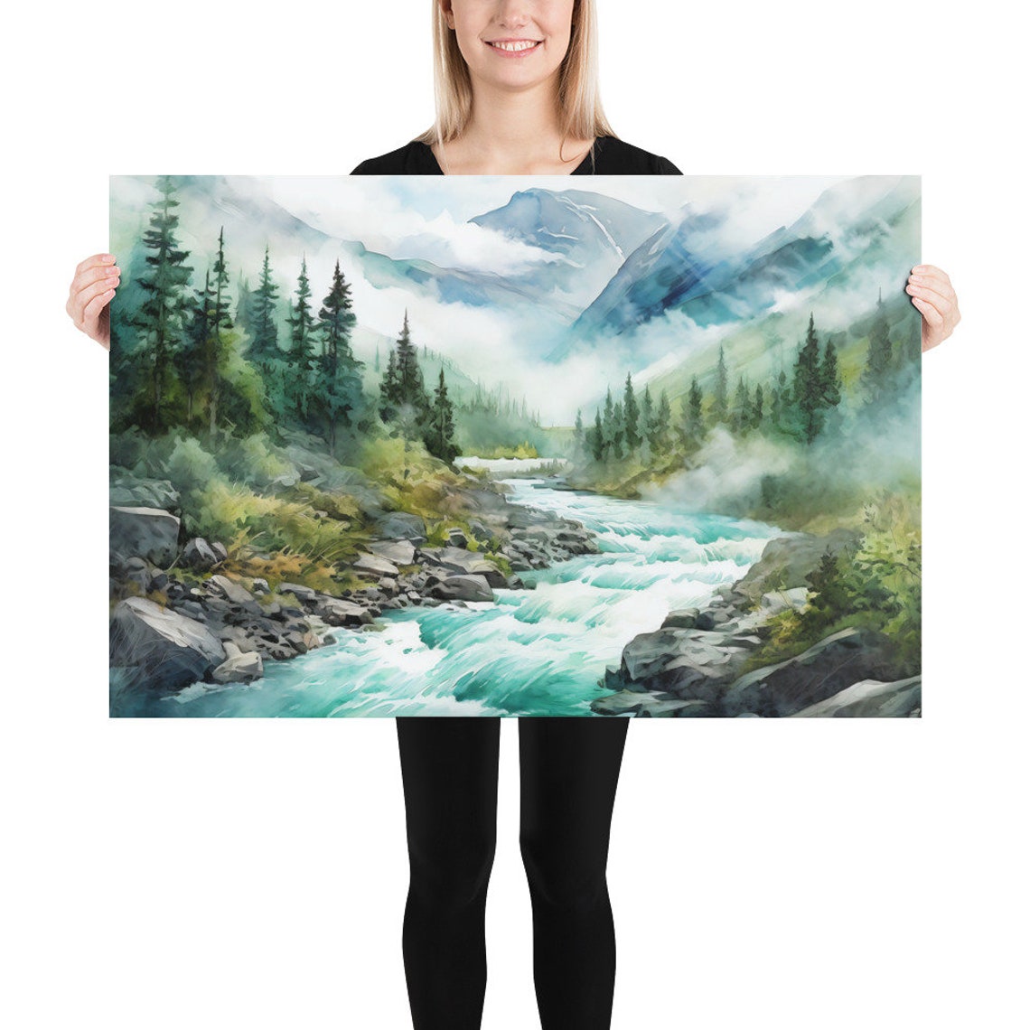 Turquoise Mountain River Rapids Evergreen Forest Watercolor Poster - Image 4