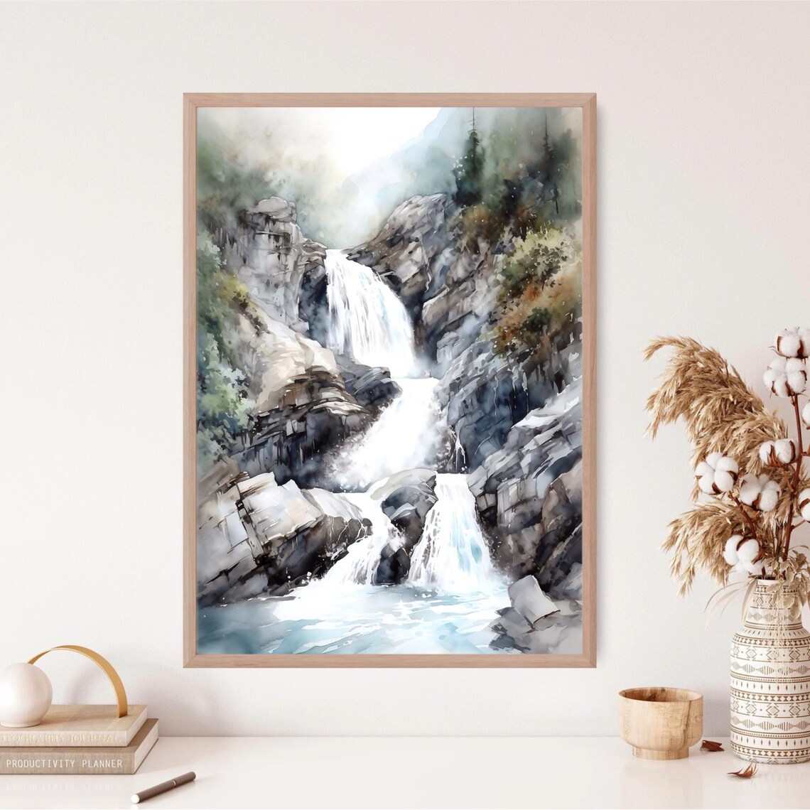 Mountain Waterfall Cascading Over Rocky Cliffs Watercolor Poster - Image 3