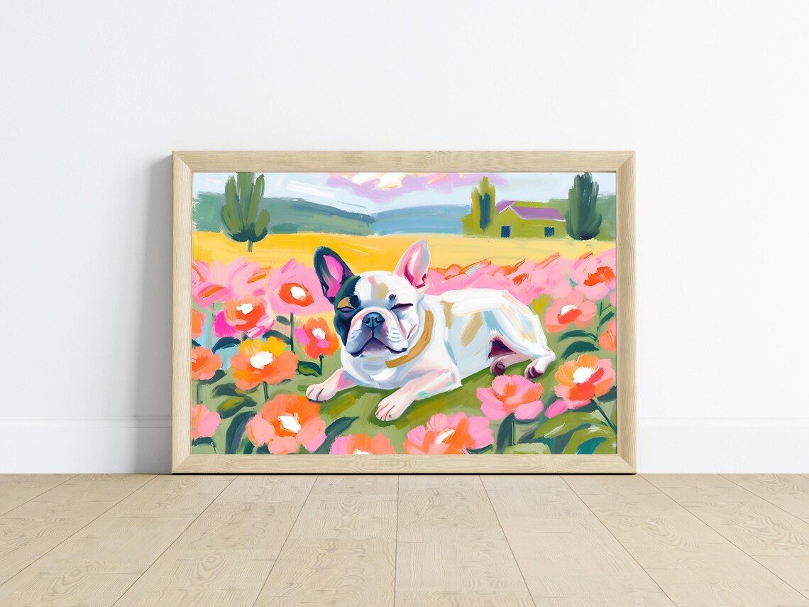 Cute Sleeping French Bulldog, Floral Pet Portrait