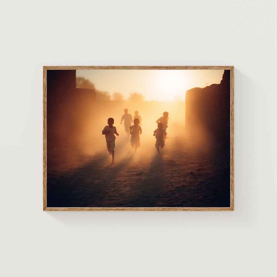 Children Running at Golden Hour Dusty Sunset Documentary Print