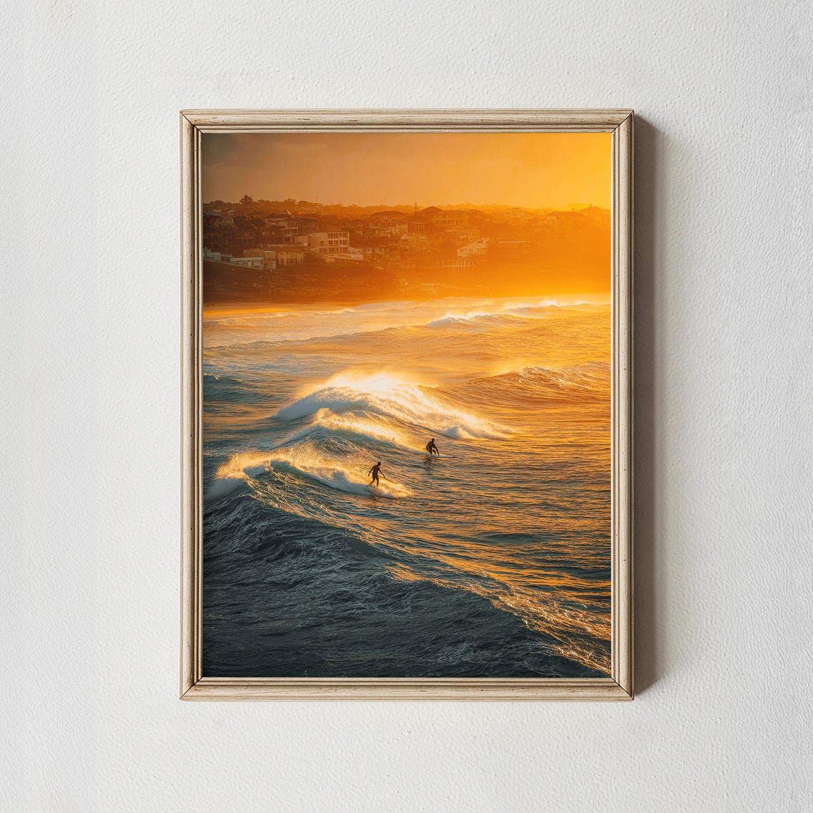 Surfers Catching Golden Sunset Waves Coastal Town Photo Poster