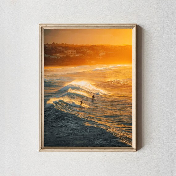 Surfers Catching Golden Sunset Waves Coastal Town Photo Poster