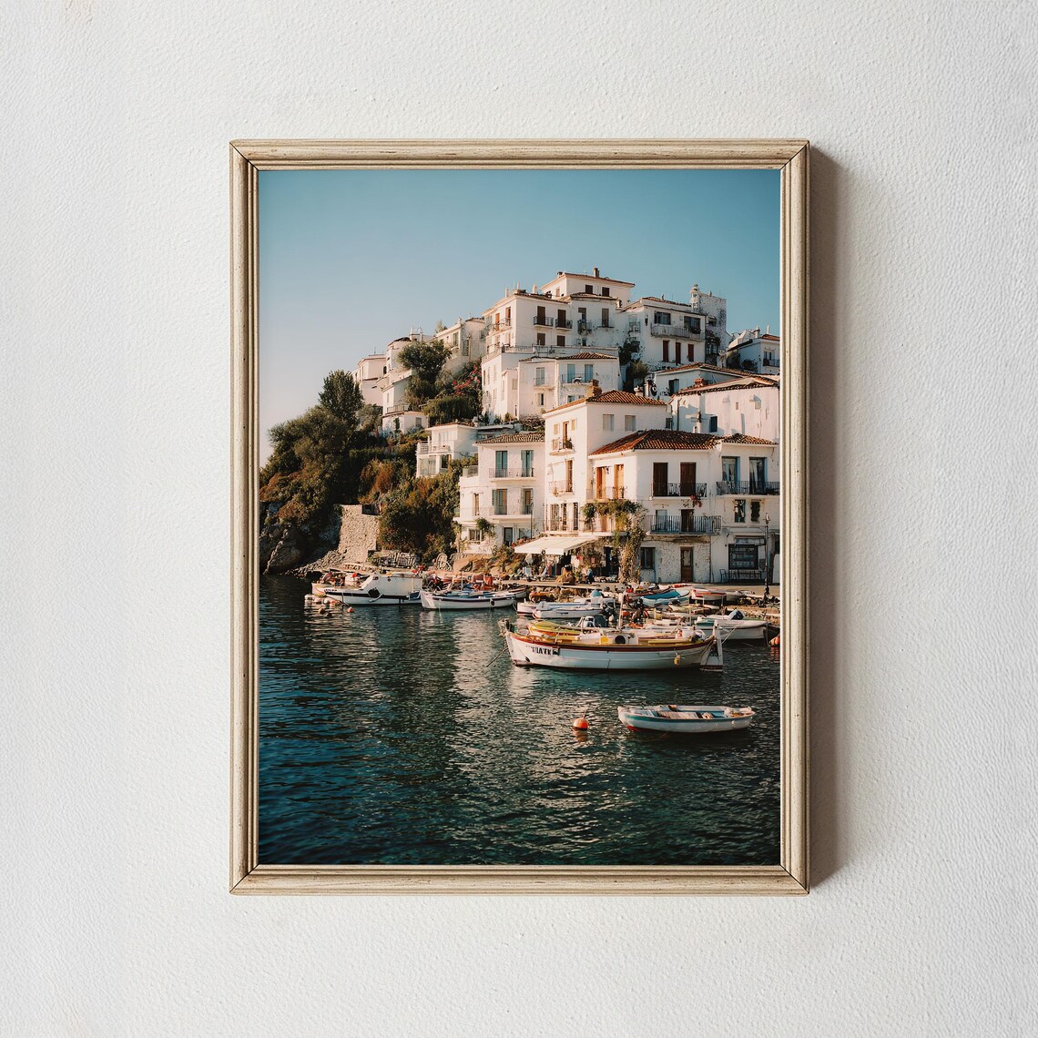 Greek Island Harbor White Cliff Houses Boats Coastal Photography Print