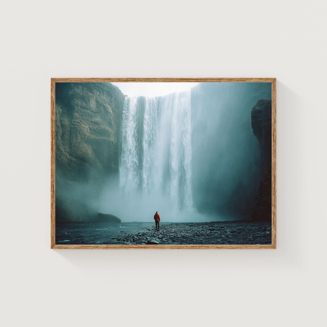 Skogafoss Waterfall Iceland Lone Traveler Mist Photography Poster
