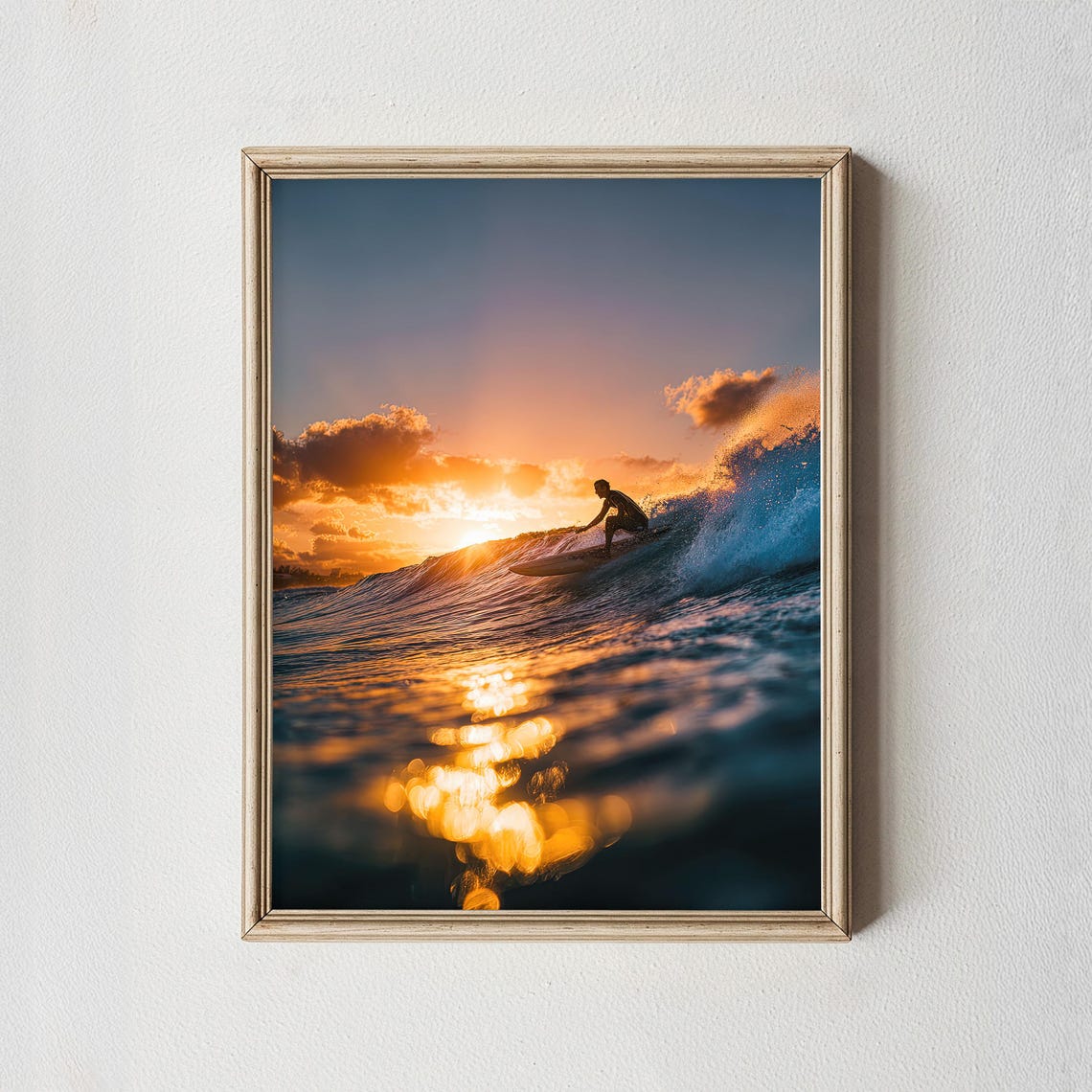 Surfer Riding Wave Sunset Golden Ocean Surf Photography Poster
