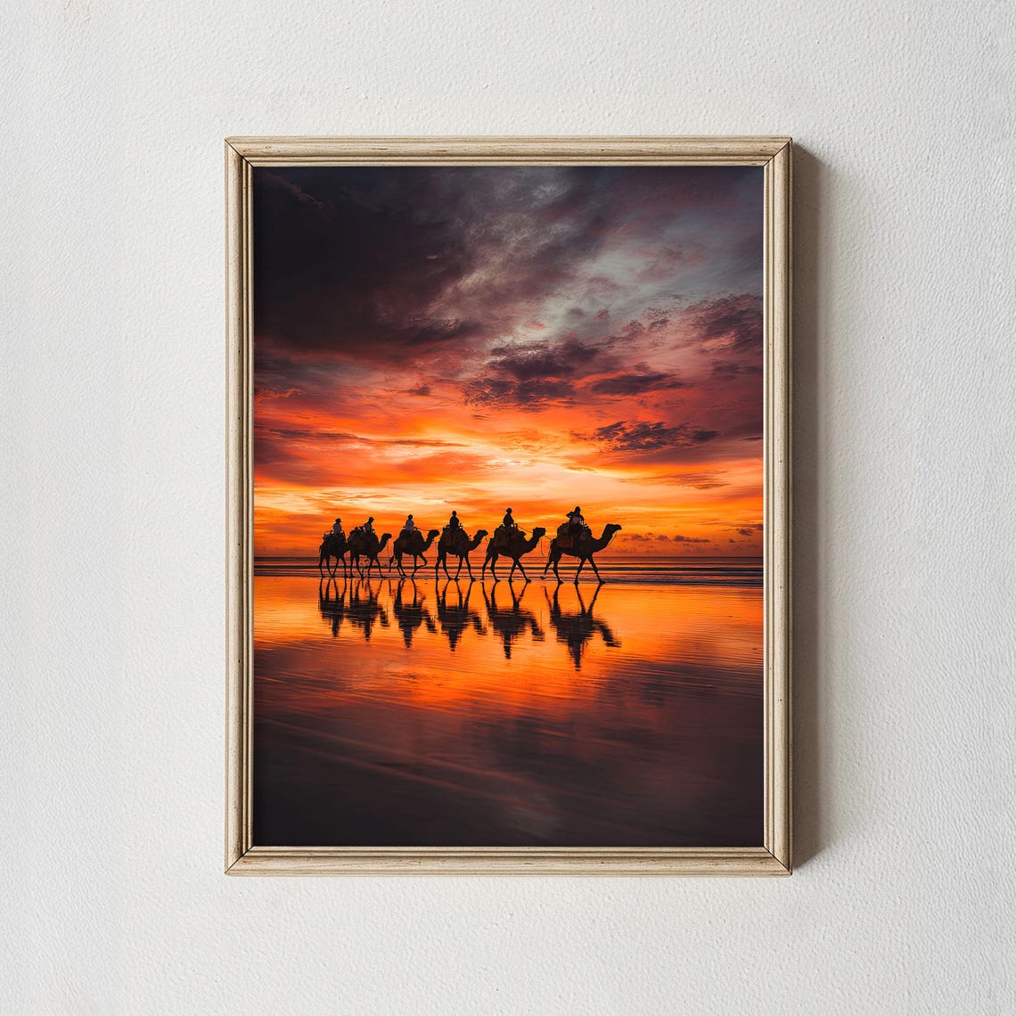 Camel Train Sunset Wet Sand Mirror Sky Dramatic Photo Poster