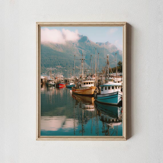 Fishing Boats Harbor Print Coastal Wall Art Mountain Ocean Photography