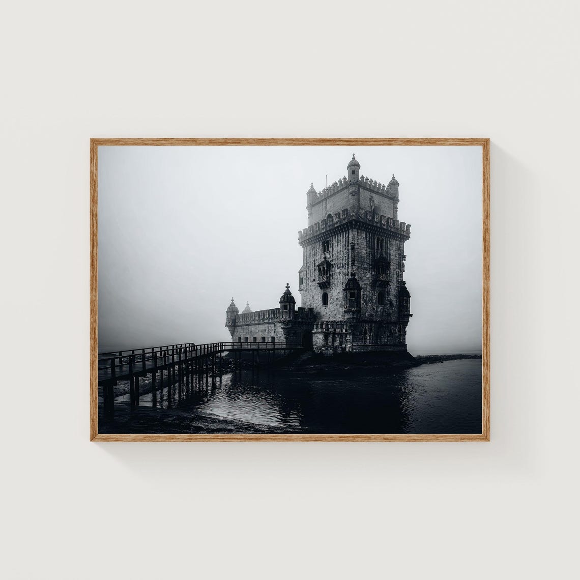 Belem Tower Lisbon Black White Fog Moody Historic Photo Wall Art