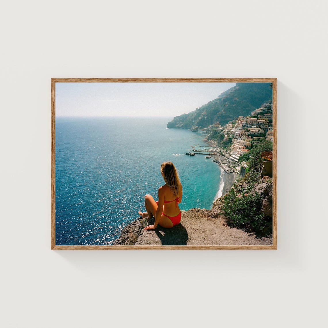 Amalfi Coast Woman Red Bikini Cliff Ocean View Summer Poster
