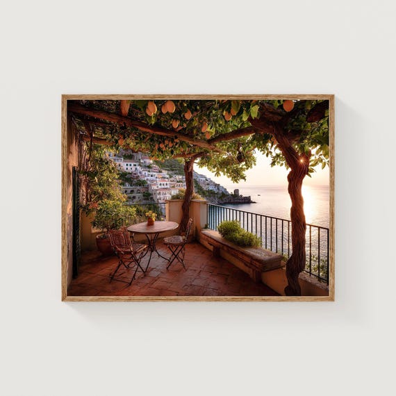 Amalfi Coast Sunset Print Terrace Lemon Garden Italy Coastal Art