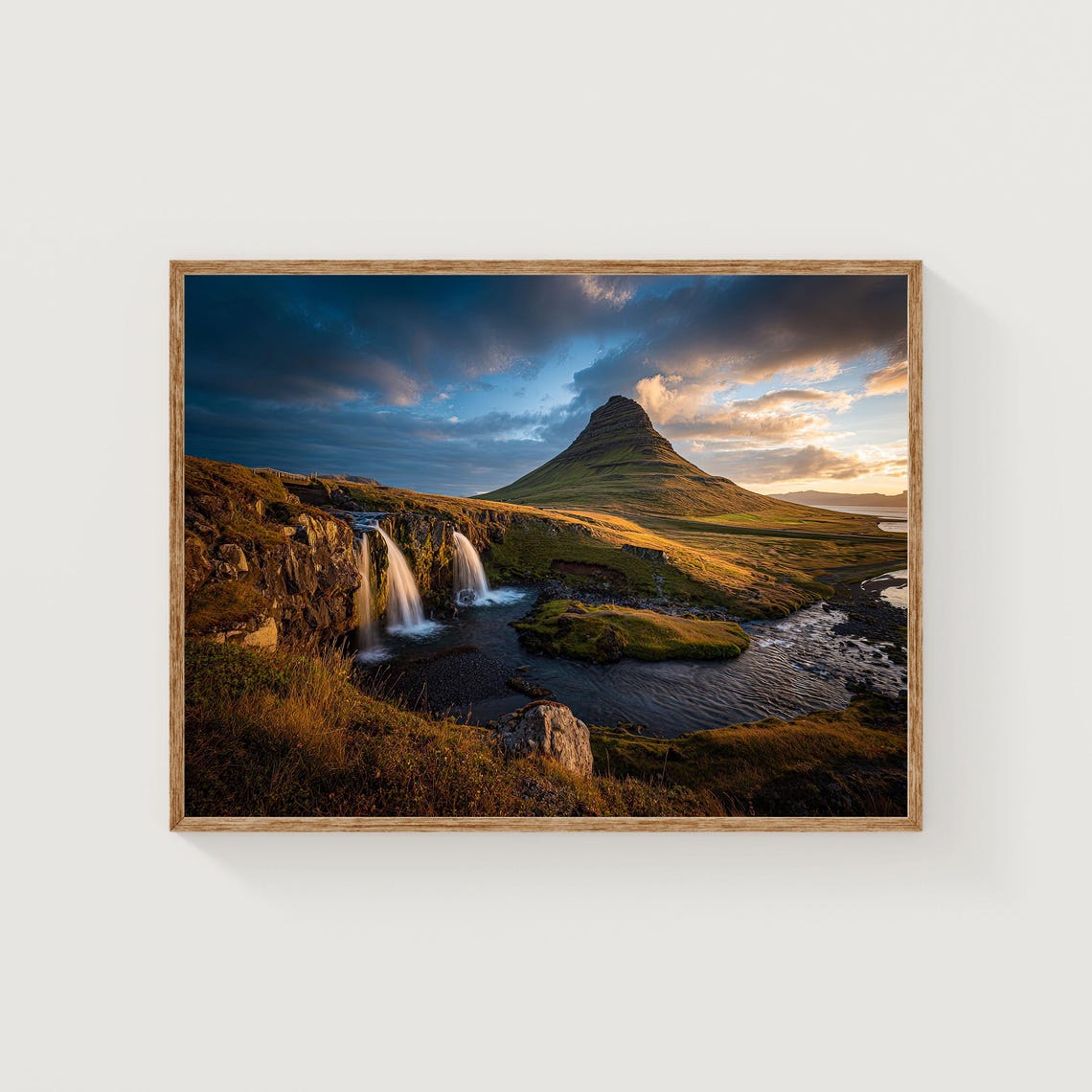 Kirkjufell Mountain and Waterfall Iceland Golden Hour Light Poster
