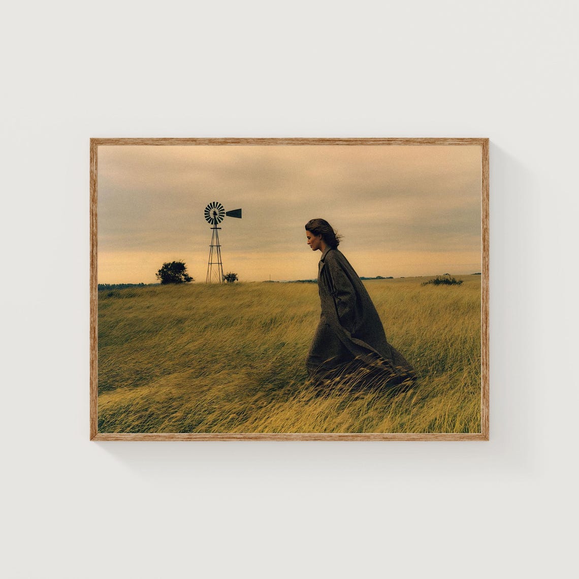 Prairie Woman Walking Wheat Field Windmill Golden Hour Photo Poster