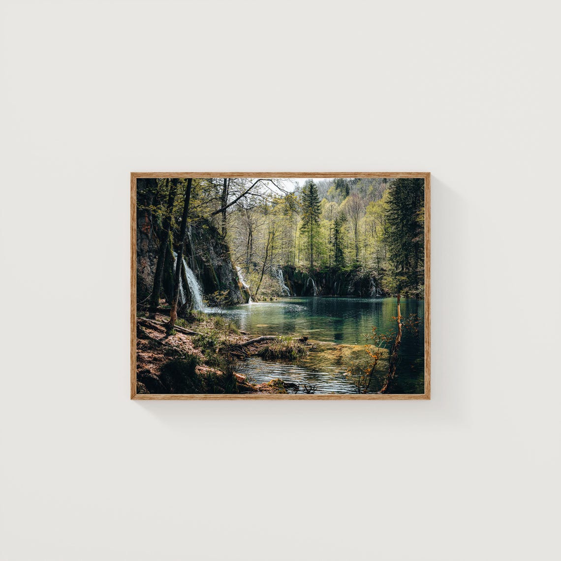 Emerald Forest Waterfall Lake Serene Nature Photography Poster