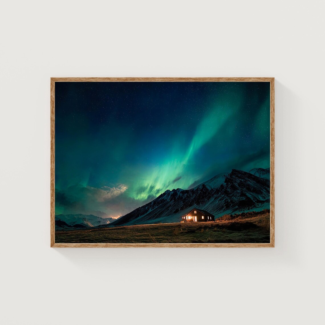 Iceland Northern Lights Over Mountain Cabin Night Photo Poster