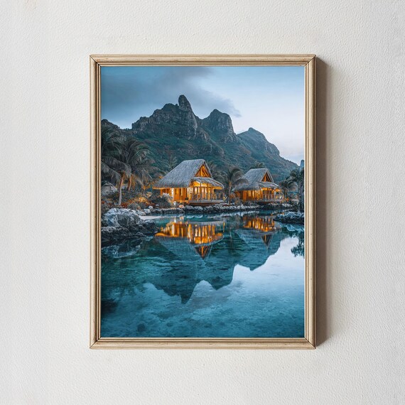 Tropical Bungalows Lagoon Reflection Evening Island Photo Poster