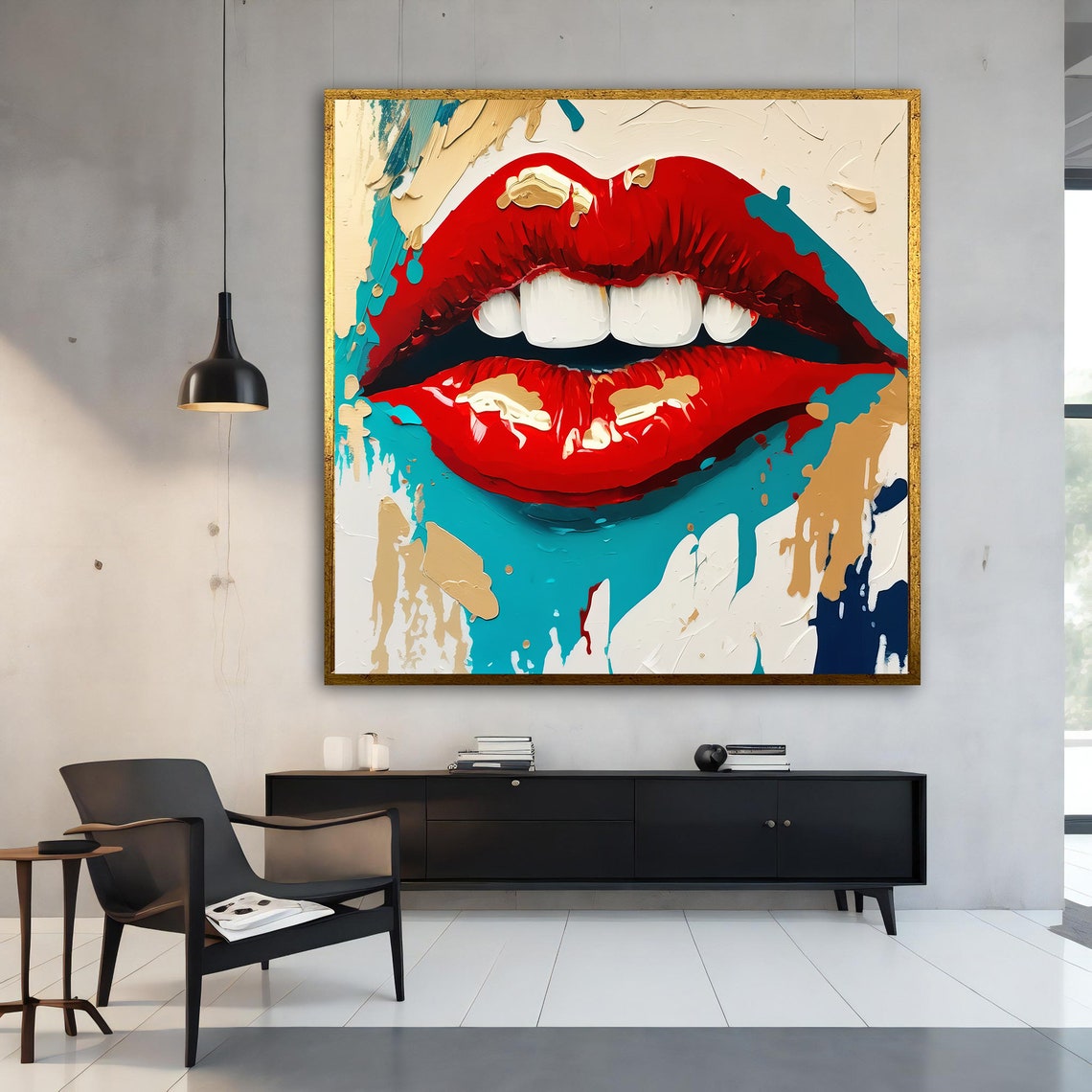 Red Lips Pop Art Painting Teal Splash Bold Glamour Art Poster - Image 4
