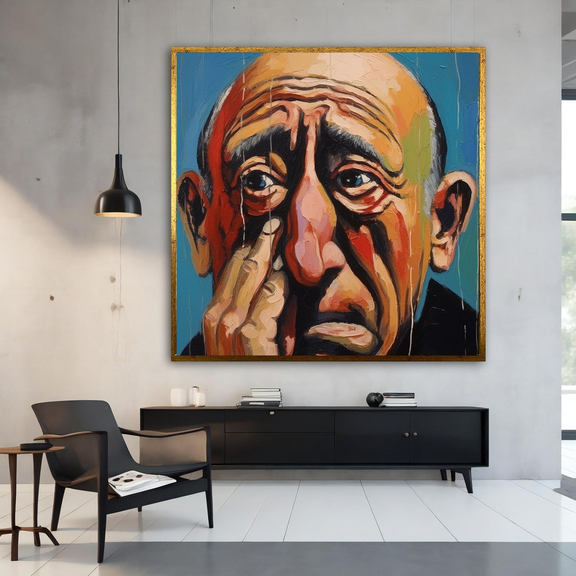 Unhappy Old Man Blue Eyes Expressive Colorful Portrait Art Poster - Image 3
