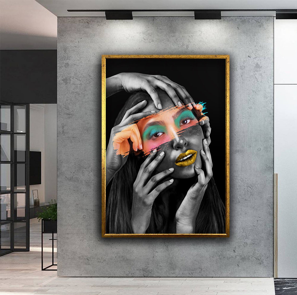 Woman Wall Art Colorful Eyes Print Gold Lip Painting Woman Portrait Green Eye Makeup Abstract Girl Face Art - Image 4