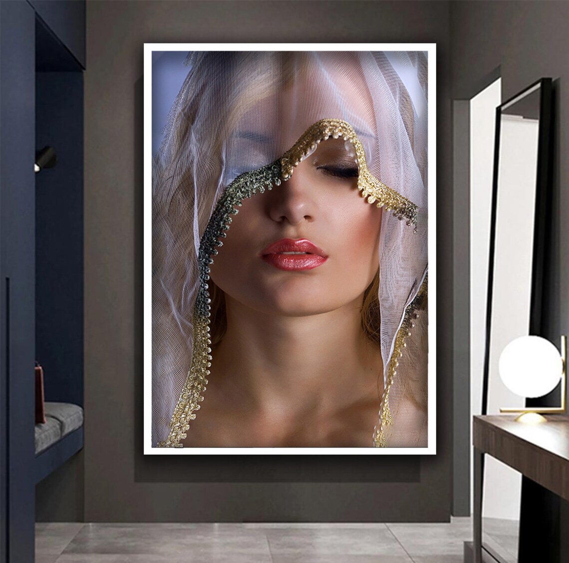 Veiled Blonde Woman Lace Gold Trim Elegant Feminine Photo Art Poster - Image 4