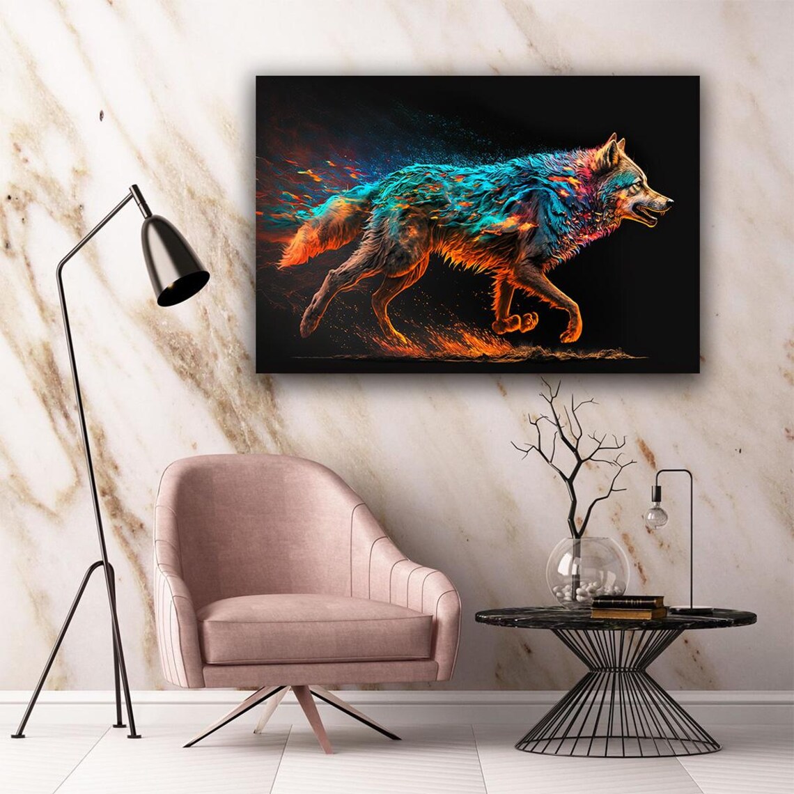 Running Wolf Fire Water Elemental Teal Orange Wildlife Fantasy Art Poster - Image 4