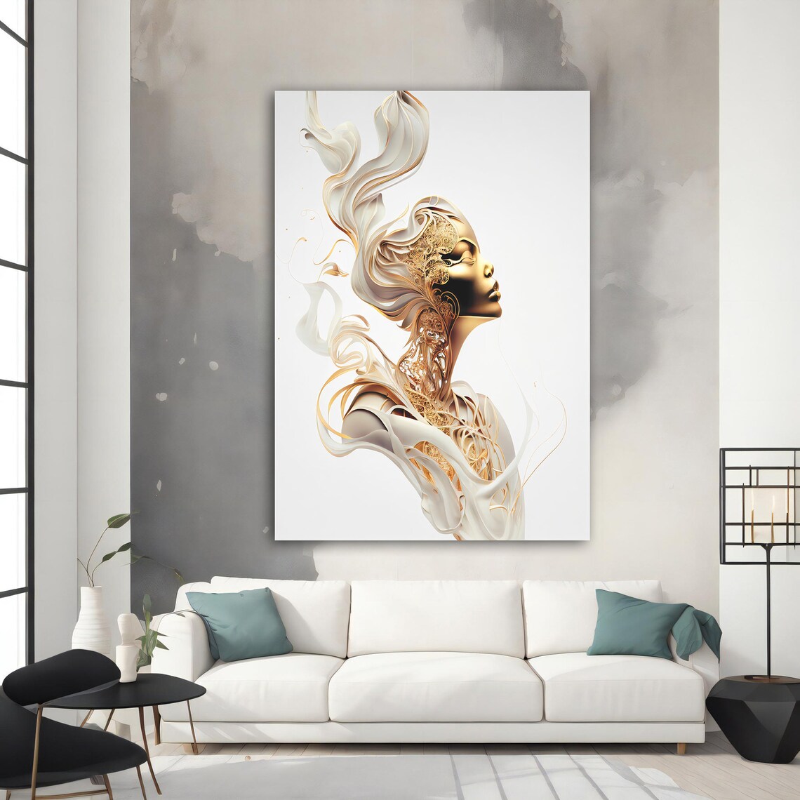 Gold Surreal Woman Profile Ivory Ribbon Luxury Elegant Modern Art Poster - Image 2