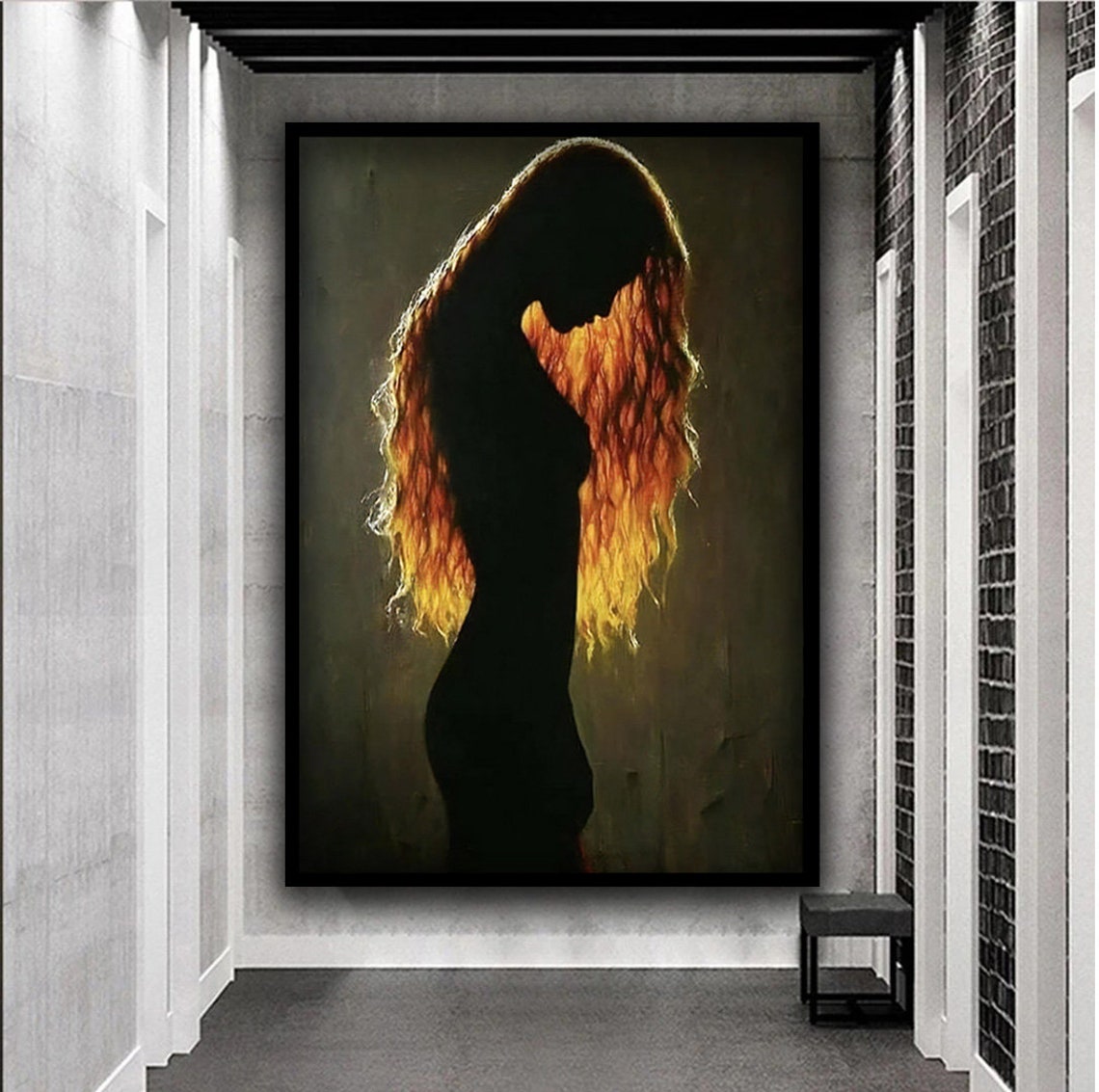 Silhouette Woman Art Long Haired Woman Art Woman In The Dark Print Nude Girl Wall Art Gold Haired Woman Art Print - Image 4
