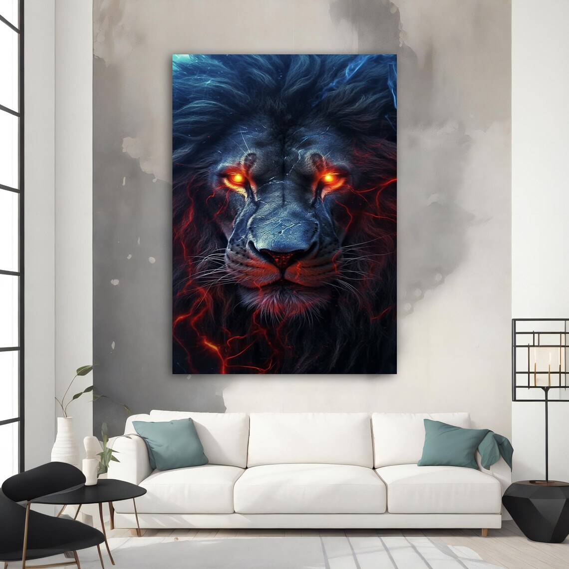Dark Fierce Lion Glowing Orange Eyes Lava Mane Fantasy Beast Art Poster - Image 2