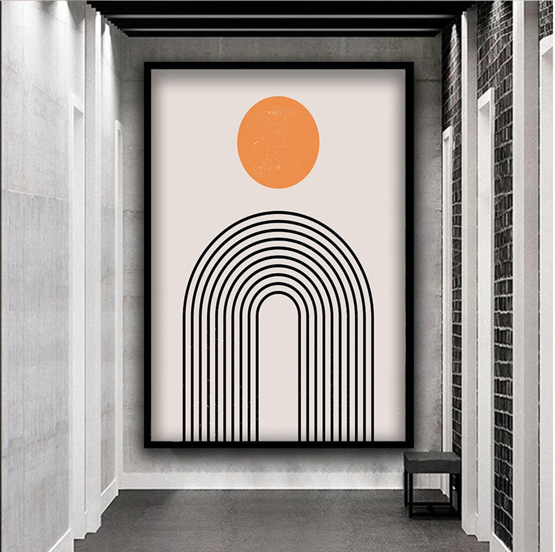 Boho Orange Sun and Black Arch Lines Geometric Wall Art Poster - Image 3
