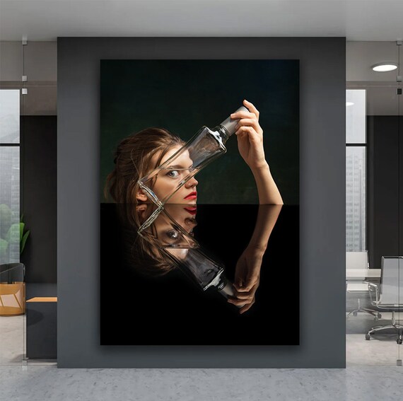 Woman with Glass Bottle Optical Illusion Reflection Surreal Photo Poster