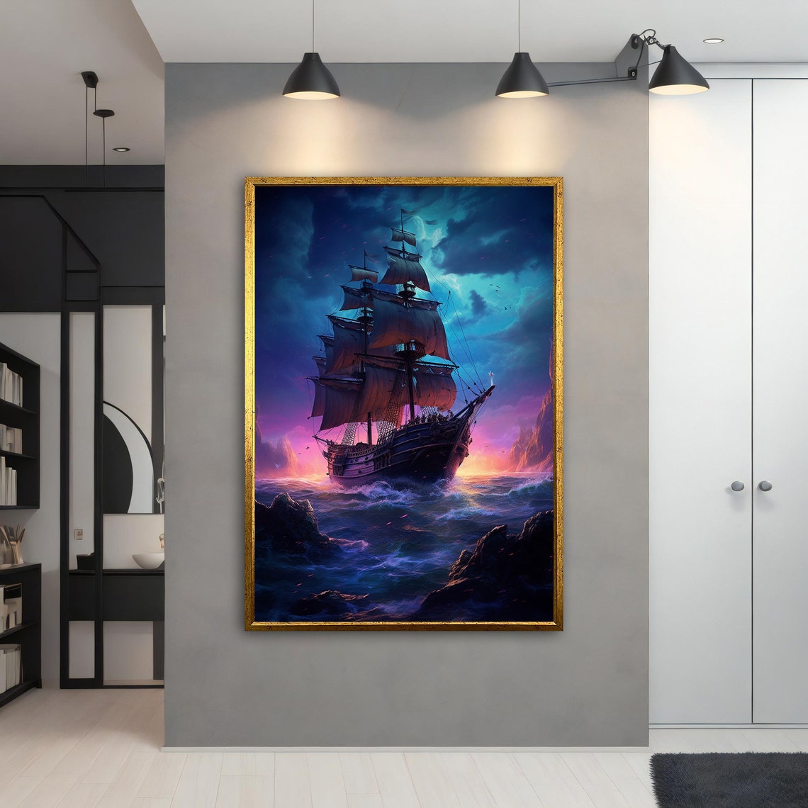 Fantasy Pirate Ship Sunset Epic Purple Sky Ocean Voyage Art Poster - Image 4