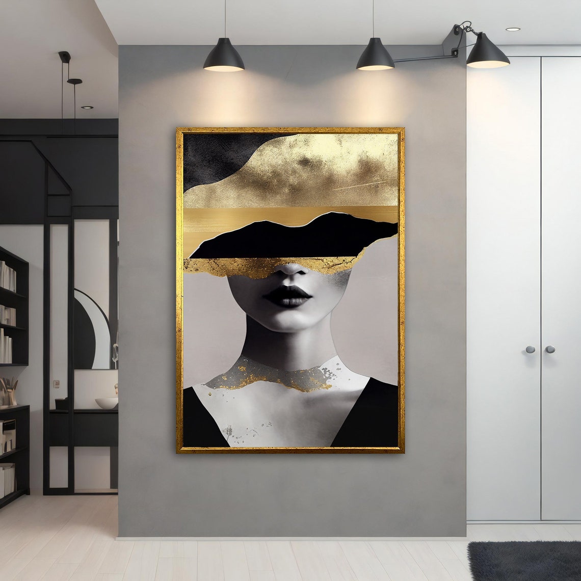 Black White Woman Gold Eye Band Abstract Elegant Portrait Wall Art - Image 4