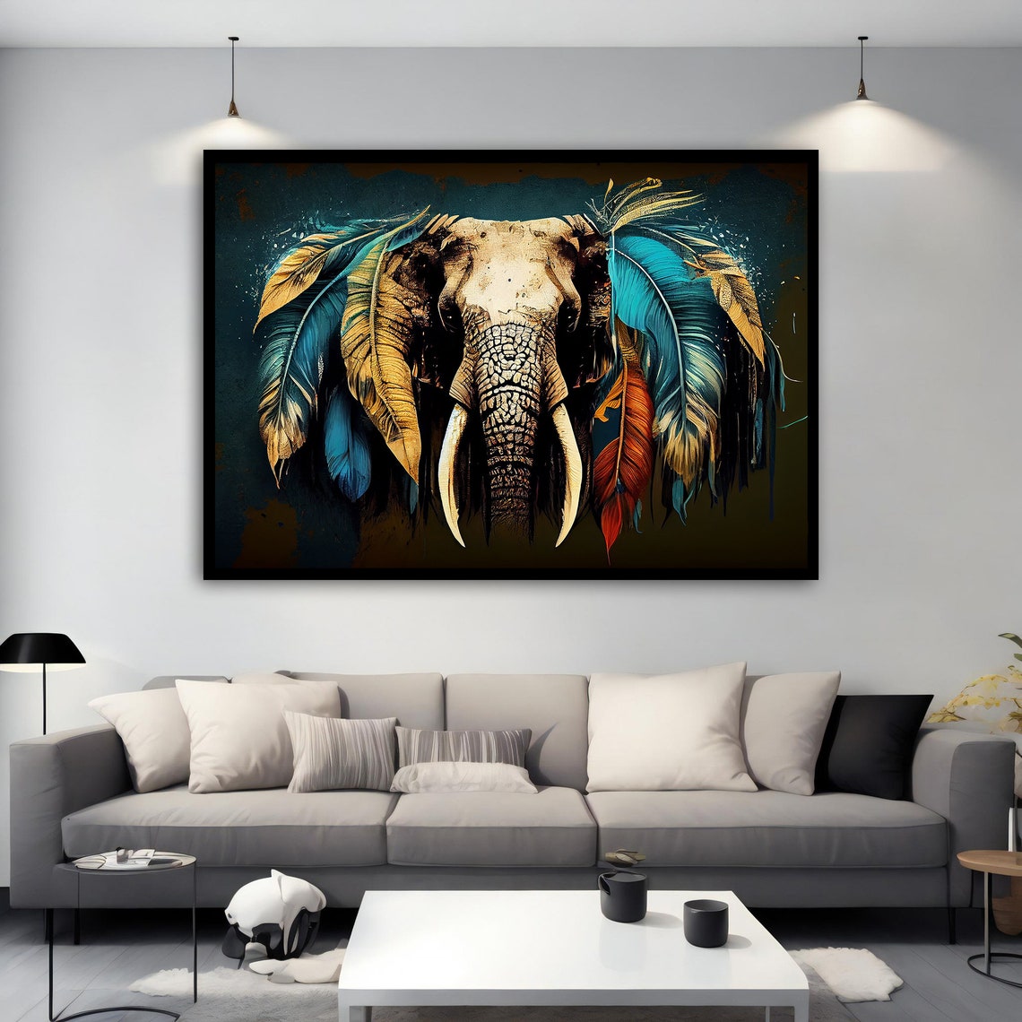 Elephant Head Feathered Ears Colorful Tribal Wildlife Art Poster