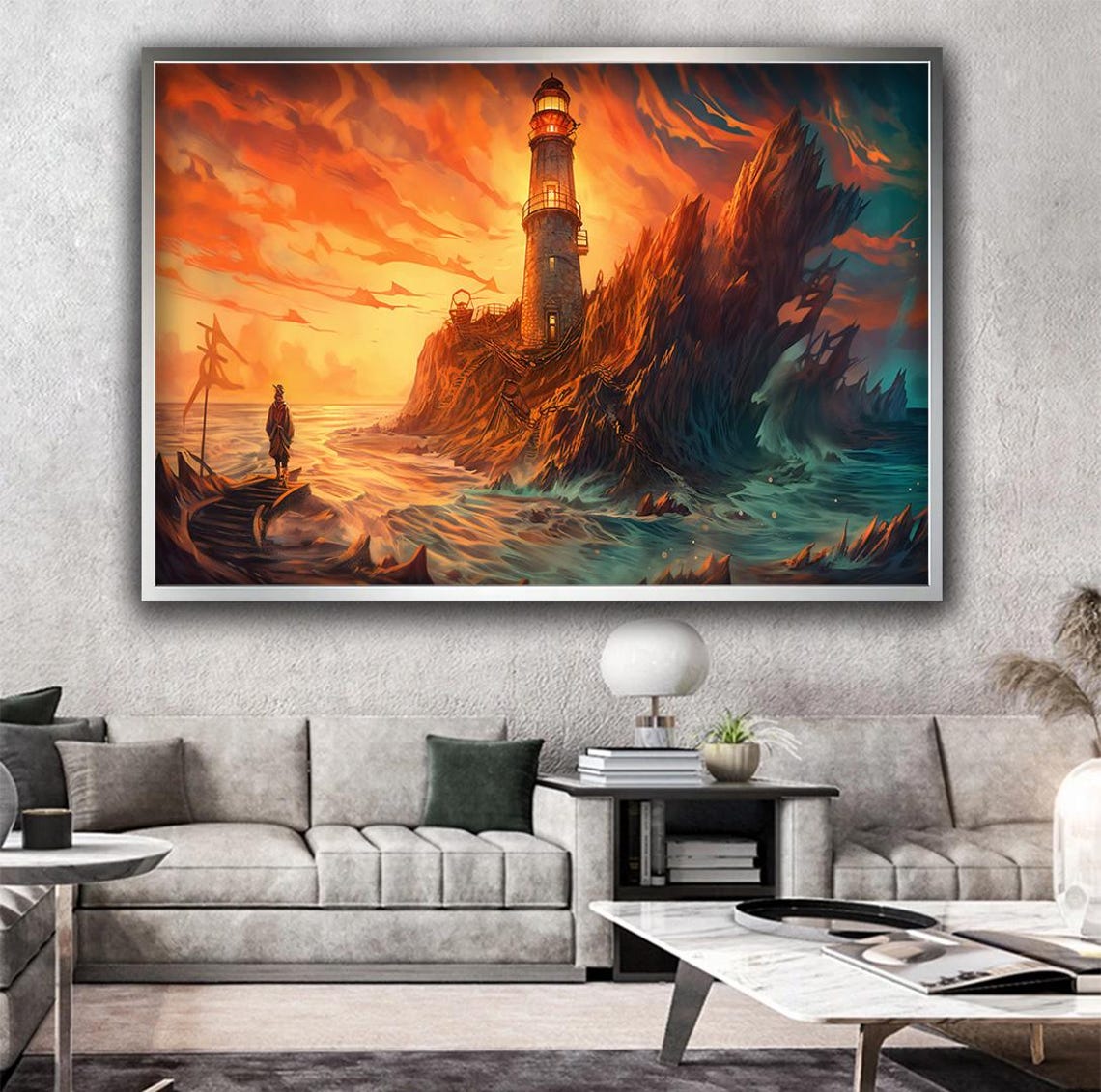 Lighthouse on Rocky Island at Fiery Orange Sunset Coastal Art Poster - Image 3