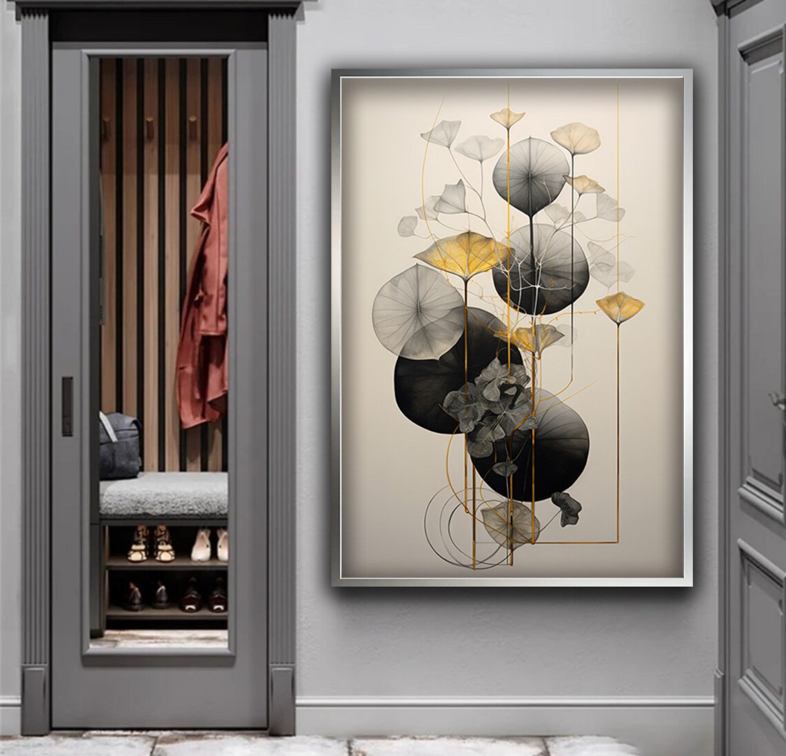 Abstract Lotus Leaves Black Gold Minimalist Botanical Wall Art Poster - Image 3