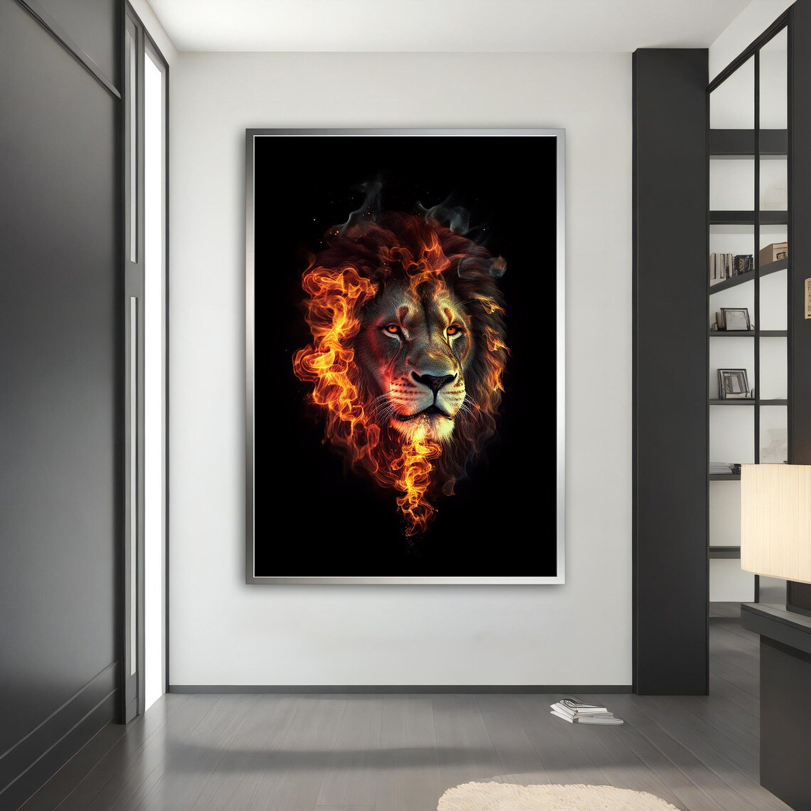 Burning Lion Flaming Mane Black Background Fiery Power Animal Art Poster - Image 3